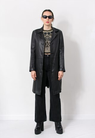 VINTAGE BLACK LEATHER TRENCH COAT WOMEN