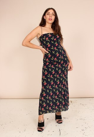 VINTAGE 90S BLACK SILK CHIFFON MAXI PARTY DRESS IN RED ROSE
