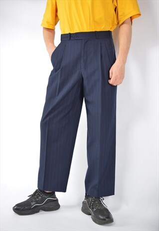 VINTAGE DARK BLUE CLASSIC 80'S WOOL STRAIGHT SUIT TROUSERS
