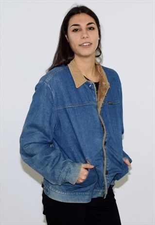 VINTAGE 90S BLUE WRANGLER FLEECE LINED DENIM TRUCKER JACKET