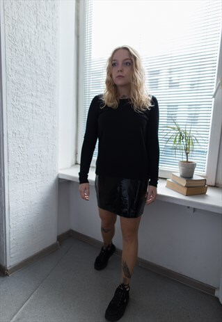 VINTAGE 90'S BLACK MINI LATEX BOTTOM LONG SLEEVED DRESS