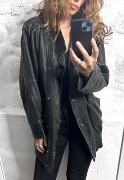 Vintage 80s Faded Black Real Leather Bomber Jacket - L