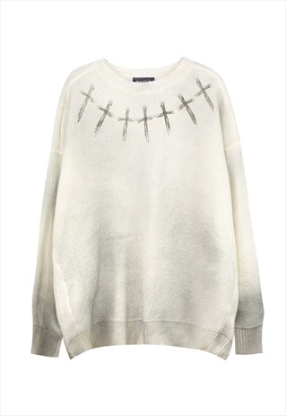 CROSS PRINT SWEATER GOTHIC JUMPER GRUNGE KNITTED TOP CREAM