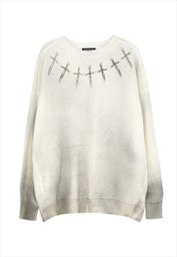 Cross print sweater Gothic jumper grunge knitted top cream