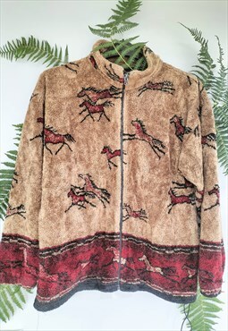 Vintage 90's Borg Sherpa Fleece Horse Print Zip Jacket