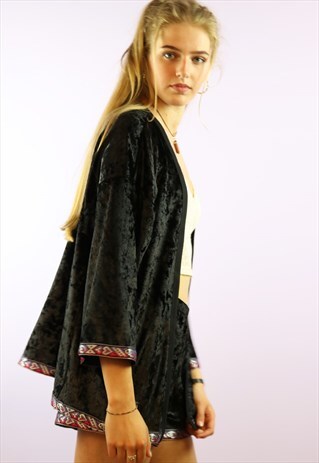 BLACK VELVET KIMONO WITH SILVER HEARTS TRIM