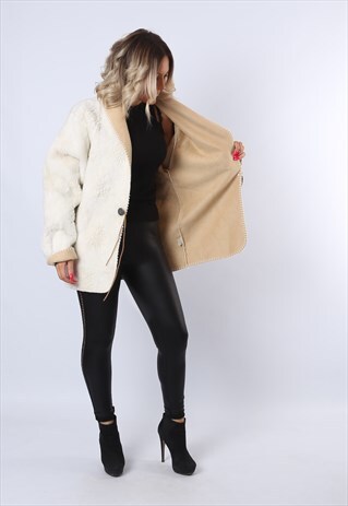 FAUX FUR COAT JACKET VINTAGE MID LENGTH UK 14 (B8GF)