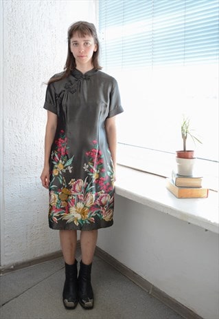 Vintage Grey Shimmering Floral Print Mini Chinese Style Dres