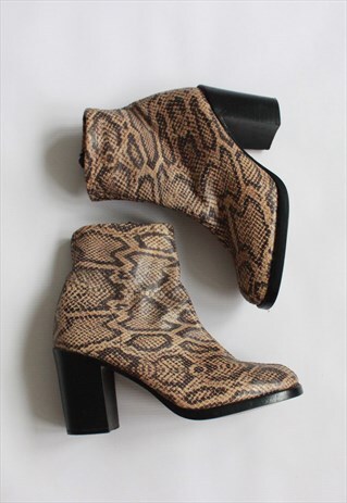 BROWN SNAKE PRINT LEATHER MID HEELS BOOTS
