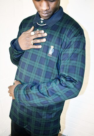 VINTAGE 90S POLO BEAR RALPH LAUREN TARTAN LONG SLEEVE POLO