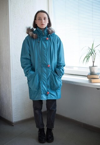 VINTAGE 90'S TEAL BLUE HOODED PARKA COAT