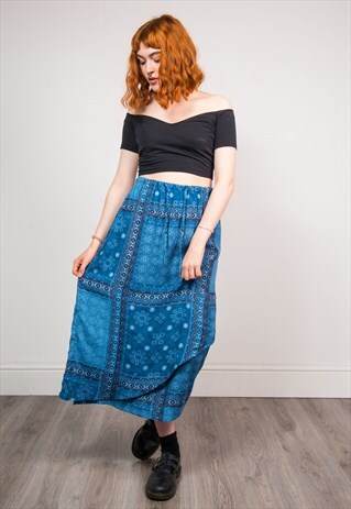 90'S VINTAGE BLUE HIPPIE BOHO PATTERNED MIDI SKIRT