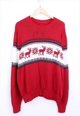 Vintage Reindeer Christmas Jumper Red Knitted With Patterns