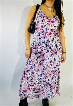 Vintage Size L Satin Floral Maxi Slip Dress in Multi