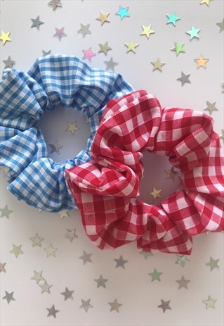 HANDMADE RED & BLUE GINGHAM SCRUNCHIES SET