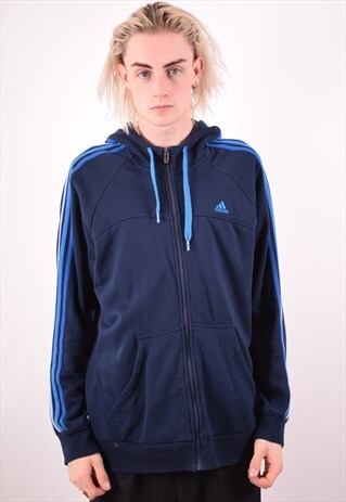 ADIDAS MENS VINTAGE HOODIE JACKET LARGE NAVY BLUE 90S