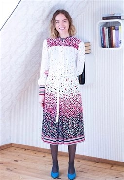White long sleeve midi dress with blue and red dots