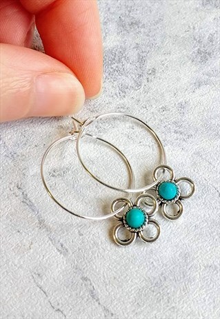 MINI TURQUOISE FLOWER HOOP EARRINGS