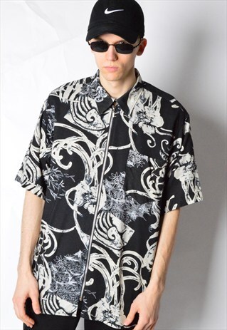 VINTAGE BLACK AND BEIGE ABSTRACT ZIPPER SHORT SLEEVE SHIRT