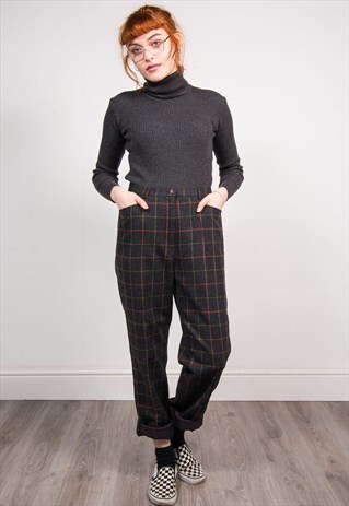 VINTAGE 90'S CHECK WOOLLY TAPERED HIGH WAIST TROUSERS
