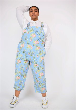 VINTAGE 90'S LIGHT BLUE FLORAL DUNGAREES WITH POCKETS