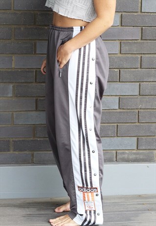 VINTAGE 1990S RARE ADIDAS GREY POPPERS 3 STRIPE TRACK PANTS