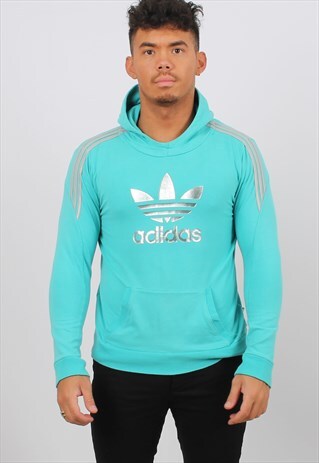VINTAGE ADIDAS SMALL TEAL PRINT LOGO HOODIE