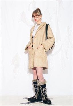 Vintage Y2K Faux Shearling Coat in Beige with Hood