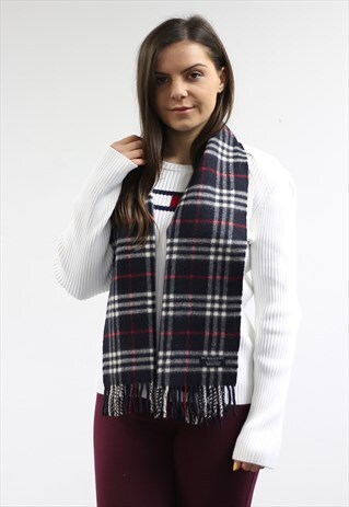 VINTAGE CASHMERE CHECKED SCARF NAVY-AS169