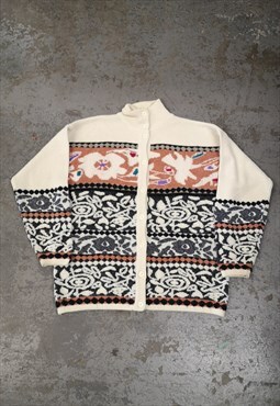 Vintage Knitted Cardigan Abstract Patterned Cream Chunky