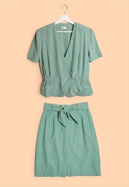 80's 90's Two-piece Set Blazer Pencil Skirt Polka Dots Green