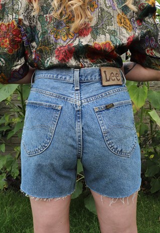 REWORKED VINTAGE CUT OUT LEE HIGH WAIST BLUE DEMIN SHORTS