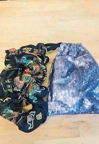 3 REWORKED SATIN CHINESE DRAGON SCRUNCHIES & SEQUIN GIFT BAG