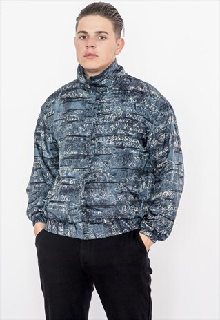 90S VINTAGE BLUE SCRIPT PRINT BOMBER JACKET