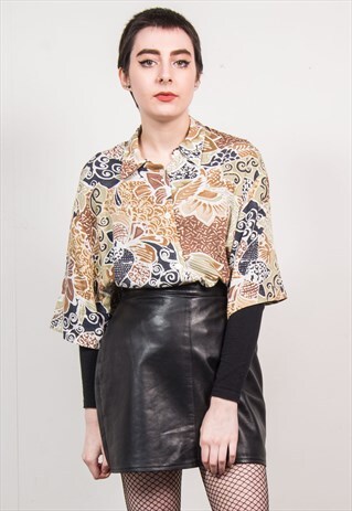 VINTAGE 90'S BROWN ABSTRACT FLORAL PATTERN SHIRT BLOUSE