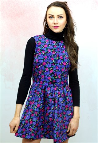 1990S VINTAGE PURPLE WITH PINK FLORAL BUTTON UP MINI DRESS