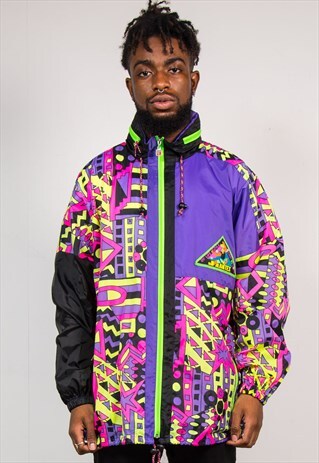 VTG 90'S PURPLE BRIGHT CRAZY PATTERN FESTIVAL CAGOULE JACKET