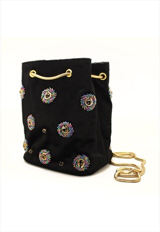 EMBELLISHED MINI BLACK EVENING BUCKET BAG