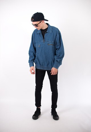 VINTAGE 90S 1/4 ZIPPER LONG SLEEVE DENIM SHIRT