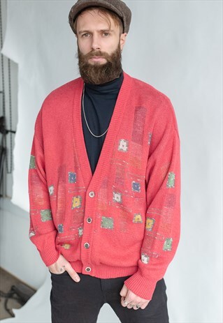 VINTAGE 80S FUNKY V-NECK CARDIGAN WITH ABSTRACT PATTERN