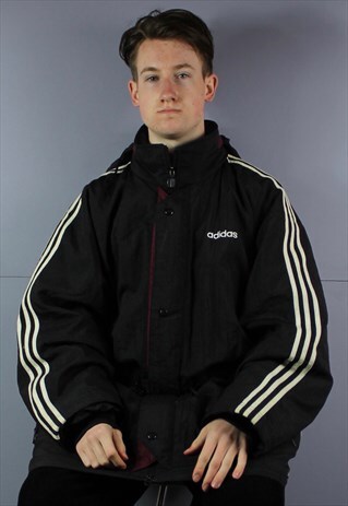 VINTAGE ADIDAS HOODED WATERPROOF RAIN COAT IN BLACK WITH ZIP