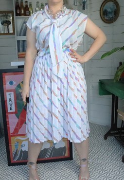 Vintage 60s White Geometric Stripey Bow Summer Midi Dress