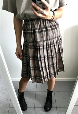 Brown Tartan Pleated Midi Skirt - Small