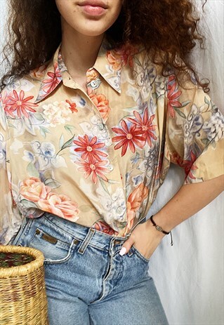 VINTAGE 80S SUMMER GARDEN FLORAL PRINT BOHEME BLOUSE TOP