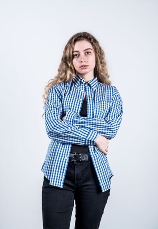 TOMMY HILFIGER VINTAGE 1990S BLUE AND WHITE CHECKED SHIRT
