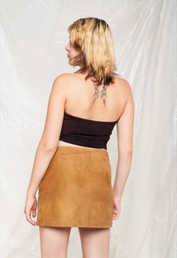 Vintage Leather Skirt 90s Genuine Suede Preppy Mini in Brown