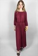 70'S VINTAGE BURGUNDY SLINKY PLEATED 3/4 SLEEVE MAXI DRESS