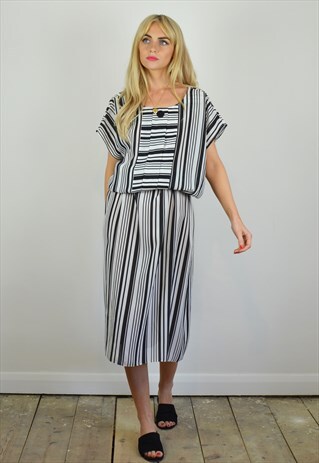VINTAGE 80S BLACK & WHITE STRIPE BOHO MIDI DRESS