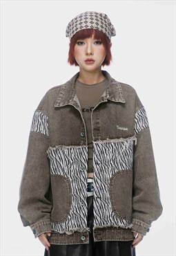 Patchwork denim jacket retro zebra jean bomber grunge coat