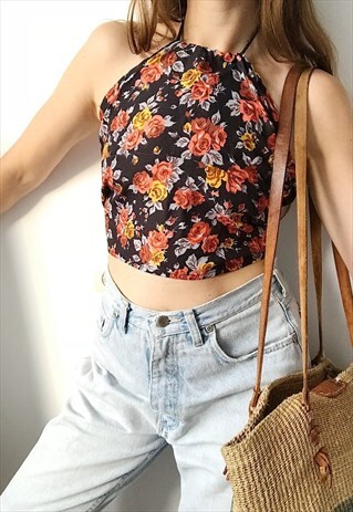 VINTAGE 70S BOHO FLORAL ROSE PRINT UPCYCLED CROP HALTER TOP